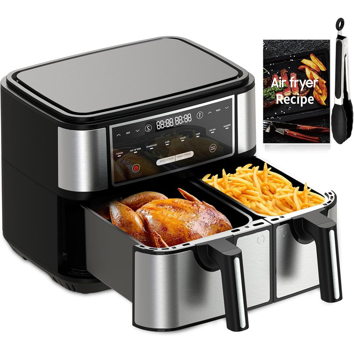 Euary Max Dual Zone 10L цифрова аерофритюрниця з двома незалежними кошиками 4 л та 6 л для сім'ї, 8-в-1, з рецептурником, таймером і регулюванням температури