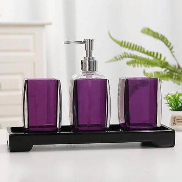 Bathroom Accessories, 5-Piece Set, Resin/Acrylic, Complete Set, Lotion/Soap Dispenser, Soap Dish, Toothbrush Holder, Cup, Toilet Brush and Holder, Modern Bathroom Decor and Gift Set, (Purple)
