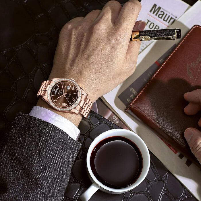 Годинник NIBOSI чоловічий аналоговий кварцовий з діамантовою безелем, сталевий циферблат, рожеве золото, срібло, водостійкий бізнес-класичний годинник з датою (рожево-коричневий)