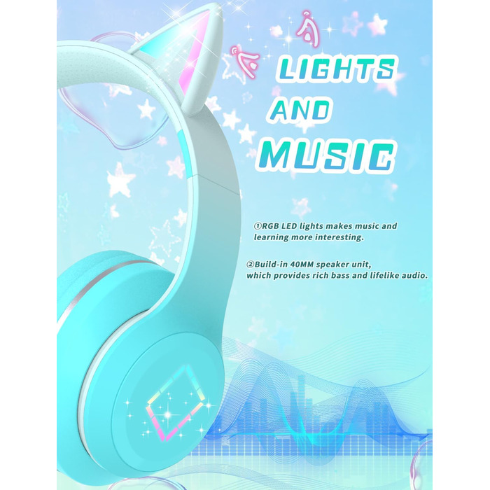 Бездротові навушники Bluetooth для дітей з LED-підсвіткою, котячими вушками та мікрофоном, HD стерео звук, складні, регульоване наголов'я, для дівчаток, PC/Tablet/навчання/школу (зелені)