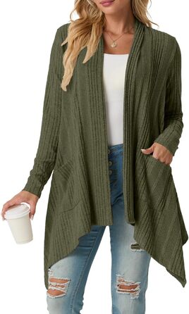 Жакет GRECERELLE з довгими рукавами, легкий в'язаний кардиган з кишенями, м'який, з асиметричним кроєм (M, хакі)