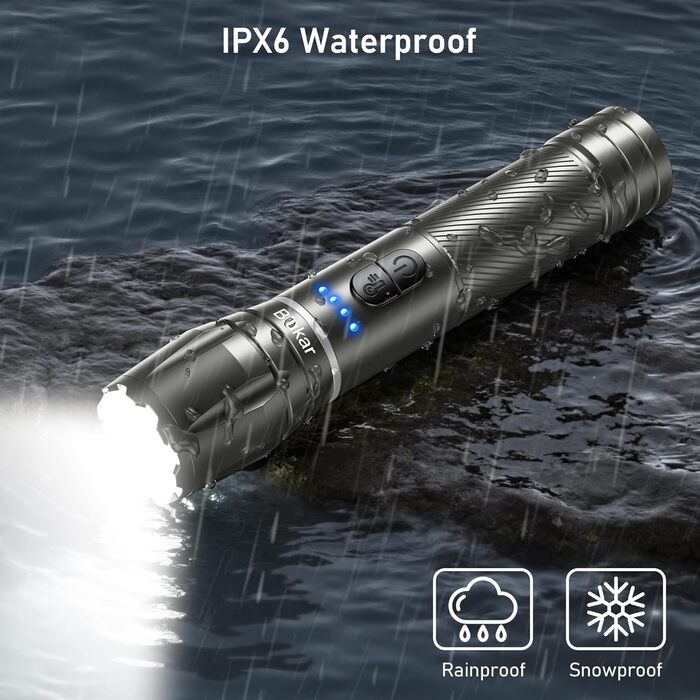 LED ліхтарик Blukar з регулюванням температури світла, 2000L, зум, 10 режимів, вологостійкий, для кемпінгу та активного відпочинку (сірий)