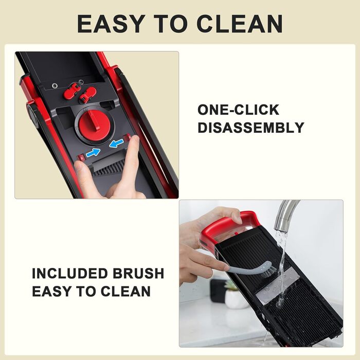 Мандоліна слайсер ONCE FOR ALL Upgrade Safe: великий, регульований подрібнювач овочів та продуктів, для нарізки картоплі фрі, знімні леза (червоний/чорний)