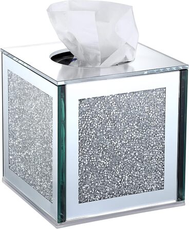 BTSKY Glittering Glass Cube Tissue Box with Crushed Crystal Diamonds for Home Decoration, Table Napkin Holder, Square Tissue Organizer