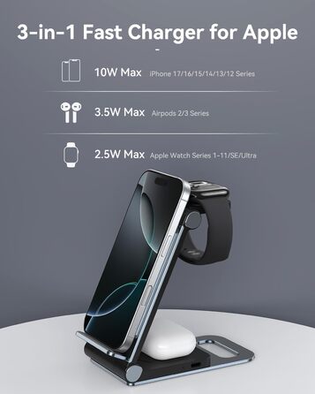 Зарядна станція 3-в-1 для Apple Watch та iPhone: складаний бездротовий зарядний пристрій для iPhone 17/16/15/14/13/12/11 Pro Max, Apple Watch Ultra/SE/9/8/7/6/5/4/3, AirPods Pro 3/2 (Чорний)