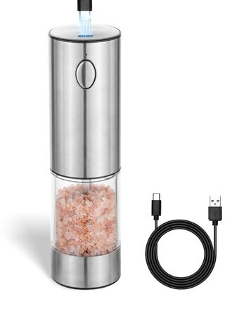 Електричний набір для солі та перцю з зарядною станцією, об'єм 110 мл, перезаряджувана солянка з 5 рівнями, керамічна млинка з щіткою (1 упаковка)