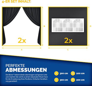 tillvex® for 3x3m Pavilion | Folding Pavilion Side Walls Water-Repellent | Side Windows & Zipper | Side Walls for Garden Tent Party Tent (4x Side Wall, Black)