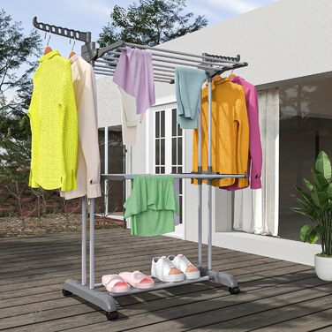 Foldable Stainless Steel Clothes Rack with Wheels, Portable, for Indoor and Outdoor Use, White/Gray (Gray-1)