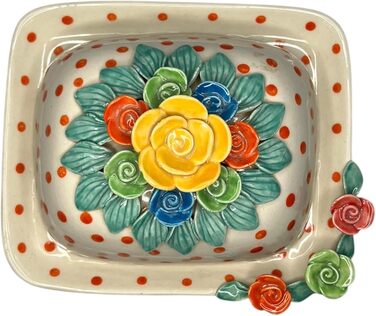 Ceramic Butter Dish with Lid, Colorful, Hand-Painted (Polka Dot Roses)