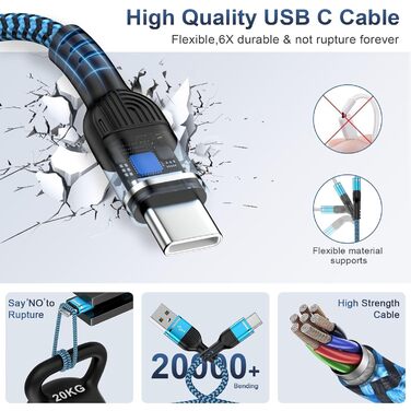 Кабель USB Type-C, 3 шт. (3м+2м+1м) для Samsung, Huawei, Xiaomi: швидка зарядка та передача даних, нейлон