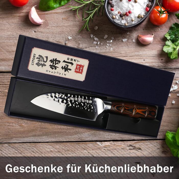 Професійний ніж Santoku Kitory 14 см для суші та кухні з молотильною гострою лезою з вуглецевої нержавіючої сталі та бамбуковою ручкою, у подарунковій коробці