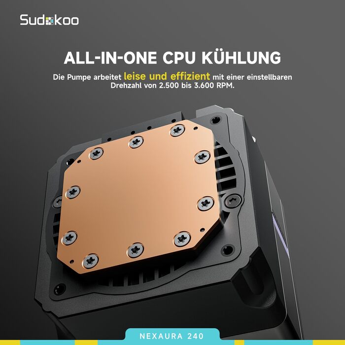 Система водяного охолодження CPU Sudokoo NEXAURA 240: AIO 360мм з 3 вентиляторами PWM, RGB, тиха насос 2500-3600 RPM, підтримка Intel LGA 1851/1700/1200/115X, AMD AM5/AM4, потужність до 300W