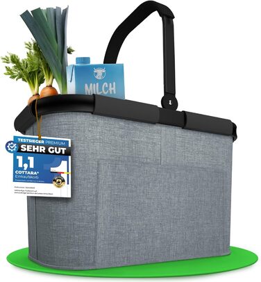 Великий стабільний кошик для покупок | Кошик-сумка з ручками та посиленим дном, передньою кишенею та внутрішньою кишенею на блискавці | Ідеально як сумка для покупок, кошик для пікніка або шопер (Сірий)