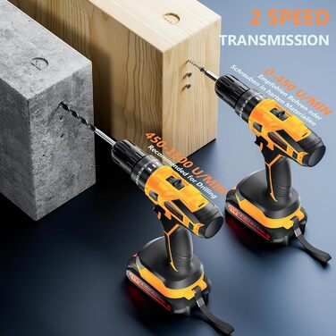 Акумуляторний шуруповерт 21V з акумулятором 4000mAh, 45Nm, 25+3 положення, 2 швидкості, LED, 2 акумулятори 2.0Ah, зарядний пристрій, для дому та саду, DIY проєкти (жовтий)