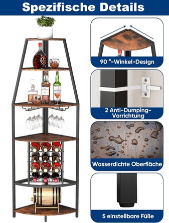 Стеллаж для вина Nisorpa на 12 пляшок, 5-ярусний кутовий, з тримачем для келихів, вінтажний коричнево-чорний