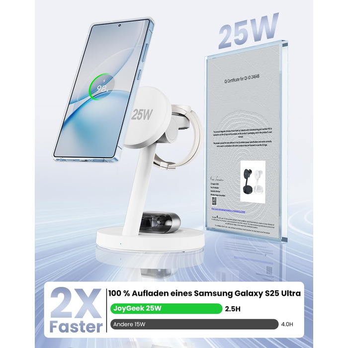 Зарядна станція JoyGeek 4-в-1 з магнітною індуктивною зарядкою 25W для Samsung Galaxy S26/S25/Ultra/Z Fold/Flip 7, годинників Watch 8-5/Ultra та навушників Buds 4-2/Pro (біла)