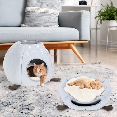 Кішка Будиночок-Печеричка для котів, сірий, 40x40x35 см, з м'якою подушкою Sherpa, M