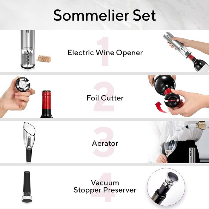 Premium Electric Wine Opener with Charging Station - Integrated Foil Cutter - Packaged in a High-Quality Gift Box - Black/Silver (Nemi - Silver)
