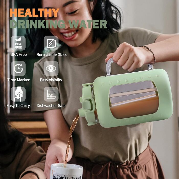 2 Liter Glass Water Bottle with Handle, 2L Glass Pitcher with Straw and Lid, Motivational Sports Water Jug with Time and Volume Markings, Leak-Proof, Light Green