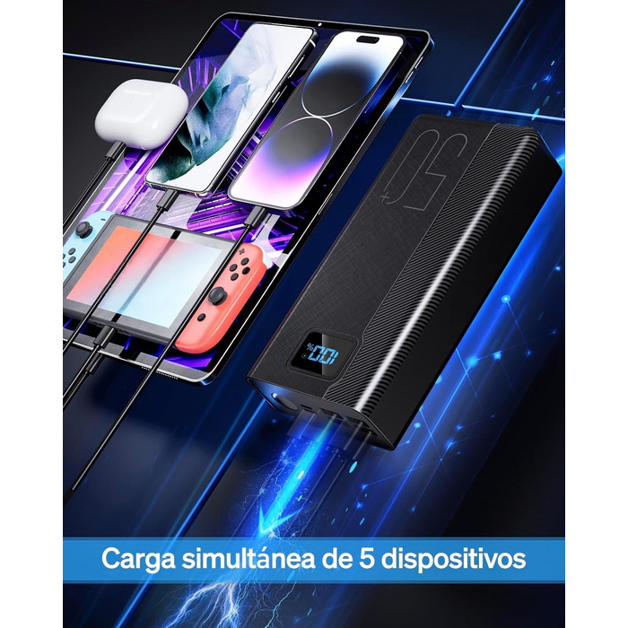 Power Bank 50000 mAh з вбудованим кабелем, швидка зарядка 22.5W, LED ліхтарик, 7 портів (3 входи) - портативний акумулятор