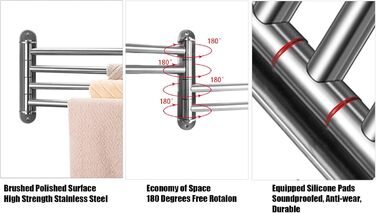 Тримач для рушників у ванну кімнату з 3-ма перекладинами, поворотний, з 3-ма кріпленнями, 40 см, нержавіюча сталь, монтаж на стіну, срібний (тримач для рушників з 4-ма кріпленнями)