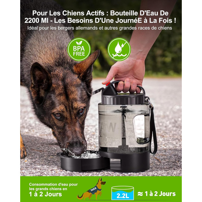 Льосоток 2200 мл пляшка для води для собак, переносний XXL великий об'єм - для подорожей та кемпінгу для великих собак (Чорний)