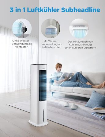 Midea 4-in-1 Portable Air Conditioner, Tower Fan with Water Cooling & Humidifier - Mobile Air Cooler with 5L Water Tank, 355m³/h Airflow, Ionizer, Remote Control (55W, White)