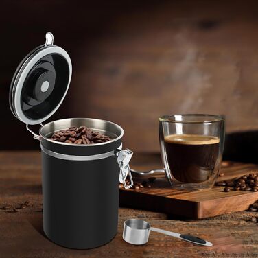 Герметичний контейнер для кави з нержавіючої сталі, 1,8L, з випускним клапаном, для кавових зерен, горіхів, какао (BK)