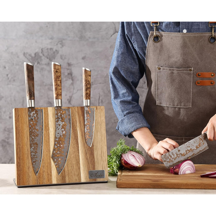 Magnetic knife block made of solid acacia wood, 3.80 cm thick, with a stainless steel base, magnetic knife holder for up to 6 knives, wooden knife storage, kitchen knife block without knives