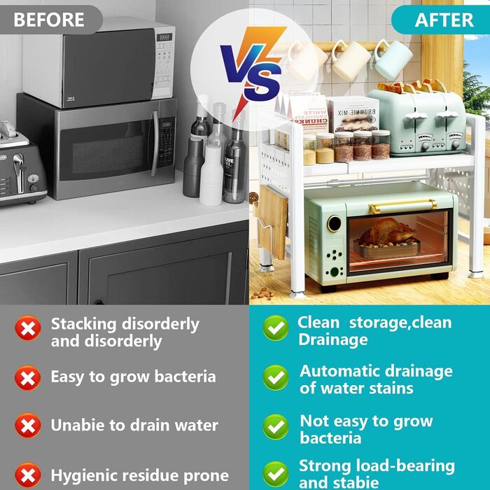 Підставка для мікрохвильової печі, 2-рівнева, розширювана 40-65см, з 6 гачками, для кухонного ножа, біла