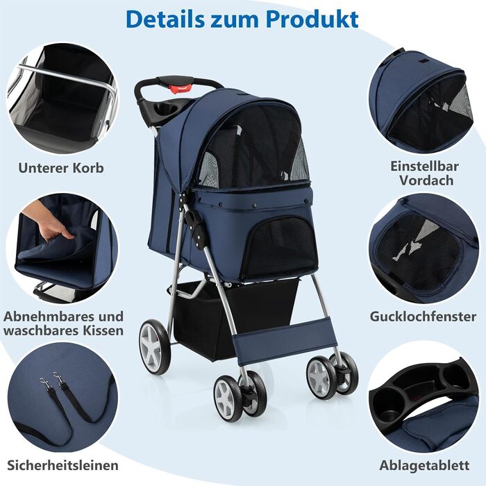 Візок для собак SOARS, до 15 кг, складний, з сітковими віконцями, тримачем для напоїв та кошиком для зберігання, візок для домашніх тварин для маленьких тварин (Темно-синій)