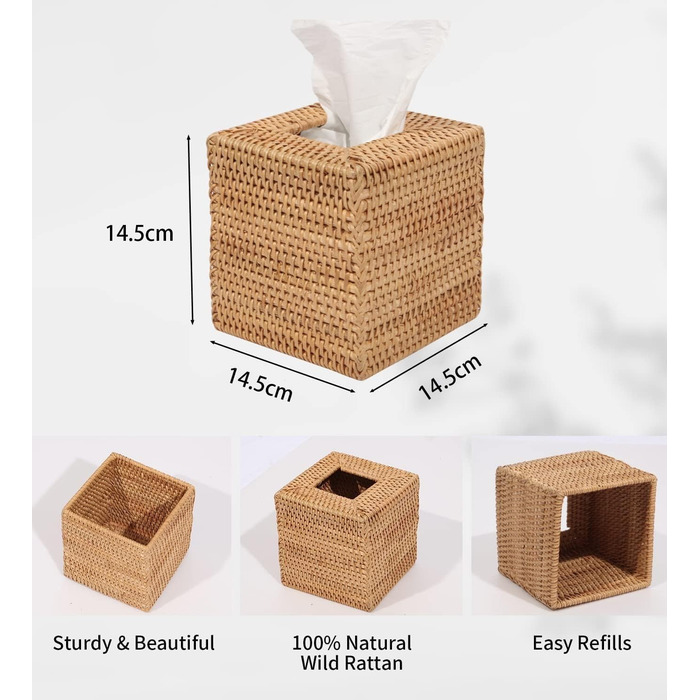 Rattan Cosmetic Tissue Box, 14 x 14 x 14.5 cm, Handwoven Square Tissue Box, Natural Decorative Tissue Box, Tissue Dispenser (Square, Natural)