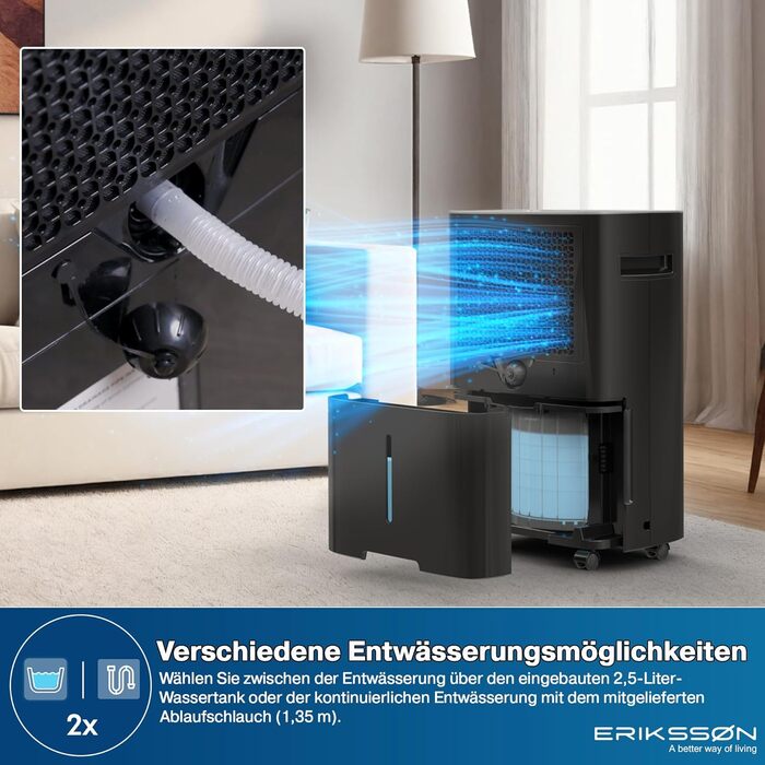 Зволожувач повітря Erikssøn з LED-дисплеєм, таймером та захистом для дітей | видаляє 20 л вологи на добу | для приміщень до 175 м³ | енергоефективний, з датчиком вологості, чорний