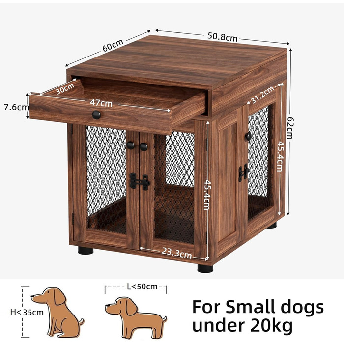 Клітка для собак VOWNER з дерева, 3 двері, з ящиком, 51x60x62 см, для собак до 20 кг, горіховий колір