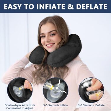 Надувна подушка для шиї Flintronic, ергономічна підголовник з велюровим чохлом, для подорожей та кемпінгу (темно-сірий)