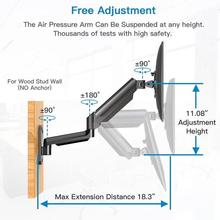 Кріплення для монітора HUANUO 17-32 дюйми, настінна кріплення, гнучкий підлокітник, VESA 75x100 мм, для геймінгу