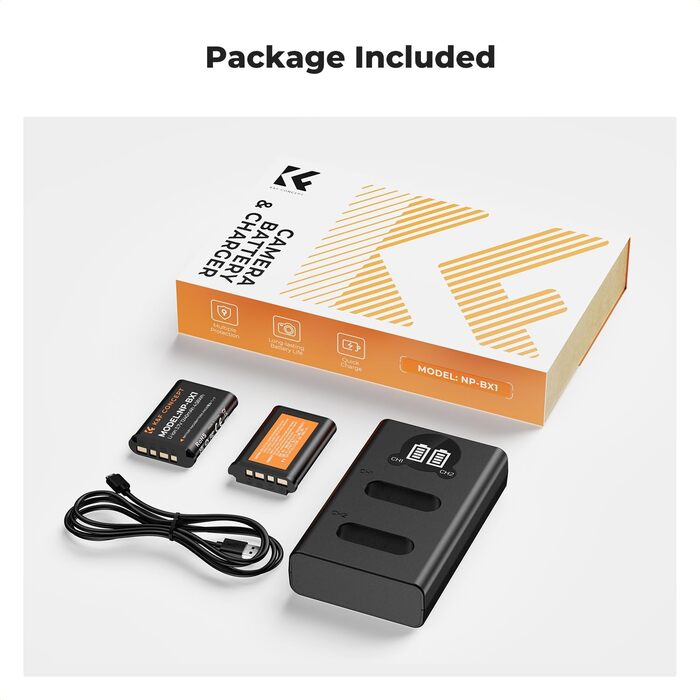 Запасний акумулятор K&F CONCEPT NP-BX1 (2 шт.) з LCD-зарядним пристроєм для Sony RX100/ HX50/ WX350/ RX1R/ HX90/ RX100M7/M6/M5/PJ410/AS30 та інших камер Sony. Сумісний з оригінальним акумулятором та зарядним пристроєм