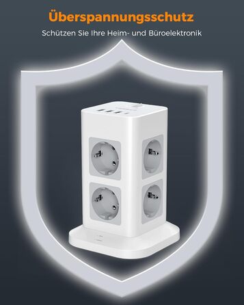 Багатофункціональна мережа TESSAN з 8 розеток, USB-C, захистом від перенапруги, вимикачем, 2 м кабелем, 3600W (сірий/білий)