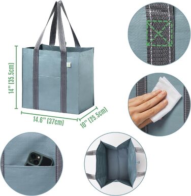 VENO 34 Liter Large Shopping Bag Foldable with Sturdy Bottom and Front Pocket, Reusable Shopping Bags Water-Resistant Tote Bag Shopping Basket for Shopping Picnic (Light Blue, 4-Pack)