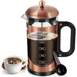 YMMIND 963.9 g French Press Coffee Maker Copper Stainless Steel Coffee Press, with 4-Stage Filtration System, Heat-Resistant Thick Borosilicate Glass, BPA-Free Brewed Coffee Pot for Camping Gifts