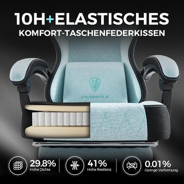 Ігровий крісло Dowinx з тканиною, пружинним сидінням та масажем попереку, з підніжкою для дорослих. Ергономічне, велике та високе крісло для офісу та ігор, до 135 кг, колір - аква