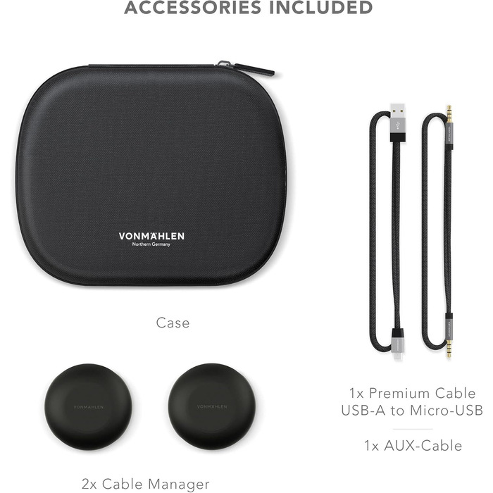 Бездротові навушники VONMÄHLEN Concert One Bluetooth On-Ear з кейсом, мікрофоном та AUX, 40 мм (Чорний)