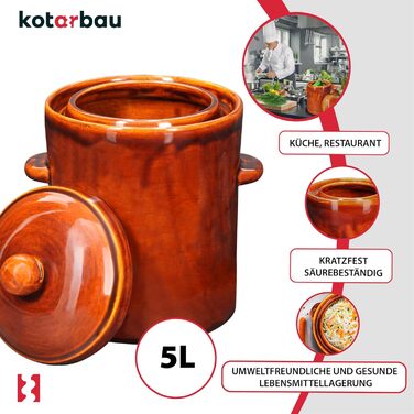 KOTARBAU® Garden Pot 5 L Brown Stoneware Pot with Airtight Lid Gherkin Pot Sauerkraut Pot Preserving Pot Ceramic Cask with Water Groove Stoneware Vessel