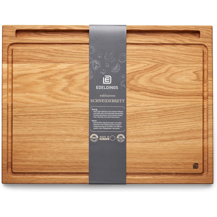 Edelding Cutting and Serving Board made of high-quality oak, 40 x 30 cm in size, with a juice groove and tablet holder | Antibacterial kitchen board | Serving board, breakfast board, solid wood board