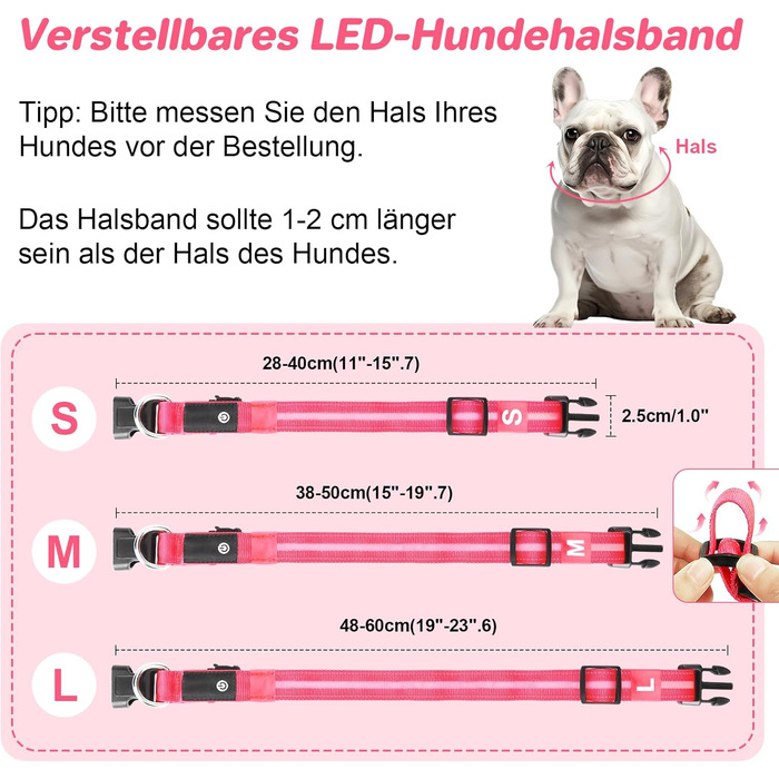 Світлодіодне нашийник для собак Feycig - USB, водонепроникний, 3 режими, регульований, для малих, середніх та великих собак (Рожевий, L(48-60см))