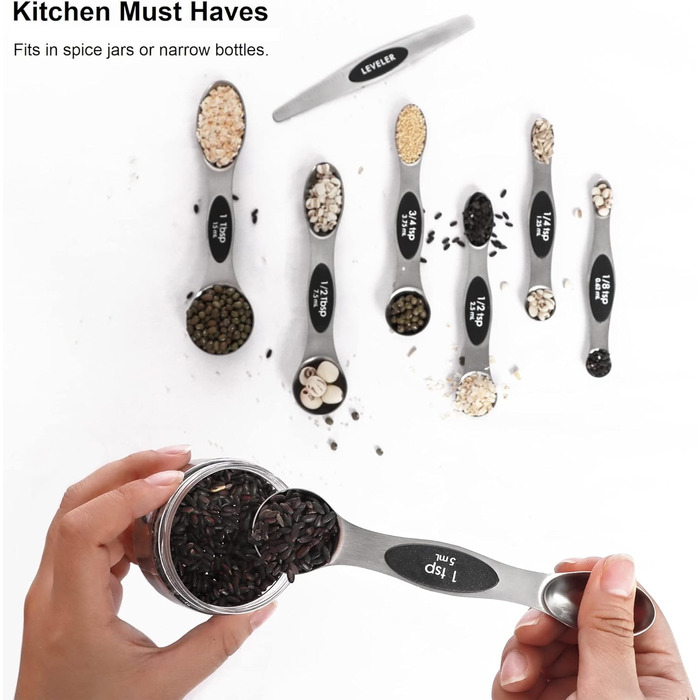 Magnetic Measuring Spoon Set, Stainless Steel with Leveler, 9-Piece, Stackable, Metal, Measuring Spoons for Baking, Measuring Cups and Spoons, Kitchen Gadgets, Home Accessories, Fits in Spice Jars