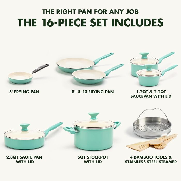 GreenPan Rio Healthy Ceramic Non-Stick 16-Piece Cookware Set with Frying Pans, Sauce Pans, PFAS-Free, Stay-Cool Handle, Oven Safe up to 160°C, Dishwasher Safe, Turquoise & Crème Cookware Set 16-Piece Turquoise & Crème