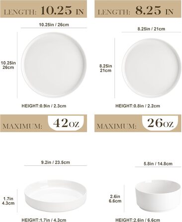 MALACASA, Leah Series, Dinnerware Set for 4 People, 12-Piece Porcelain Tableware Set Combination Set White, Dishware with Raised Edge consisting of 4x Dinner Plates, 4x Dessert Plates, 4x Cereal Bowls White, 12-Piece