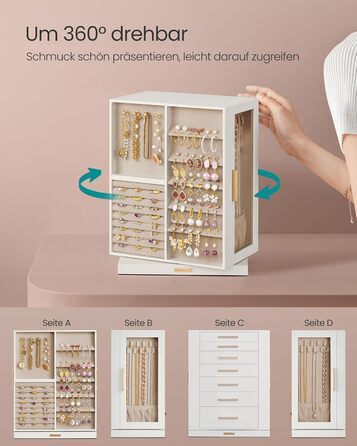 SONGMICS Шкатулка для прикрас, 360° обертання, 7 відділень, скляні вікна, вертикальне зберігання, подарункова, білий (JBC170W01)