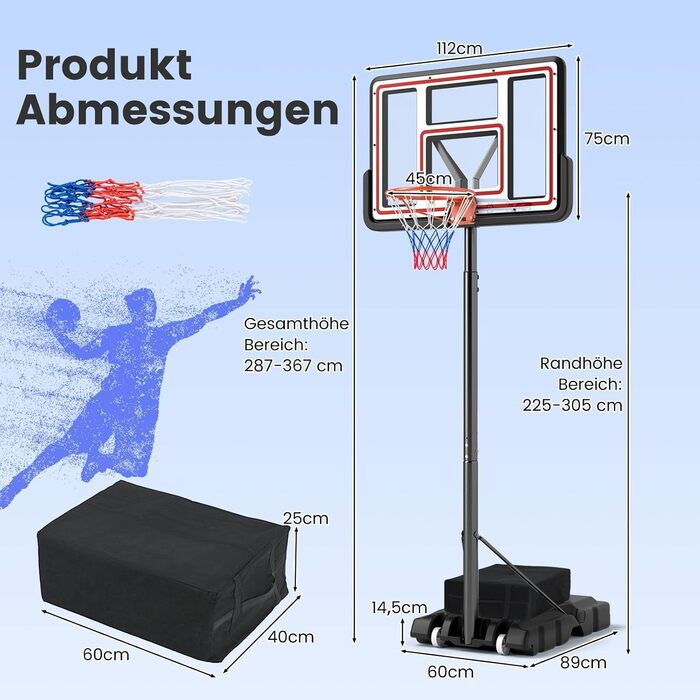 COSTWAY Adjustable Height Basketball Hoop System - Outdoor Mobile Basketball Stand with Wheels & Weight Bag (225-305cm)